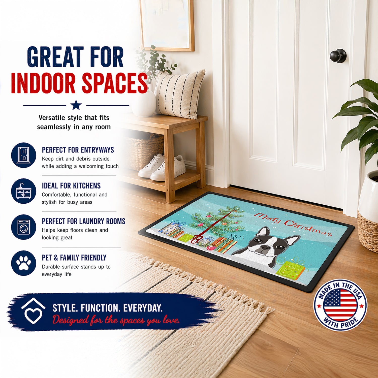 Christmas Tree and Boston Terrier Doormat Indoor Outdoor 24H X 36W Front Door Mat Rugs for Entryway, Non Slip Washable Low Pile,