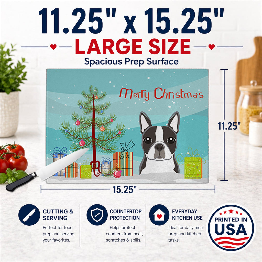 Christmas Tree and Boston Terrier Cutting Board Tempered Glass Kitchen Cutting Surface, Heat Resistant Chopping, Non-Slip Feet, Food Prep & Serving