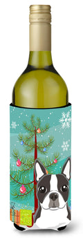 Christmas Tree and Boston Terrier Wine Bottle Hugger Gift Sleeve for Standard 750 ml Bottles, Insulated Reusable Also Fits Mini Shot & Pint Bottles