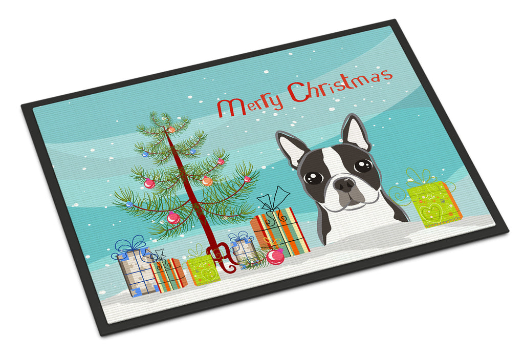 Christmas Tree and Boston Terrier Doormat Indoor Outdoor 18H X 27W Front Door Mat Rugs for Entryway, Non Slip Washable