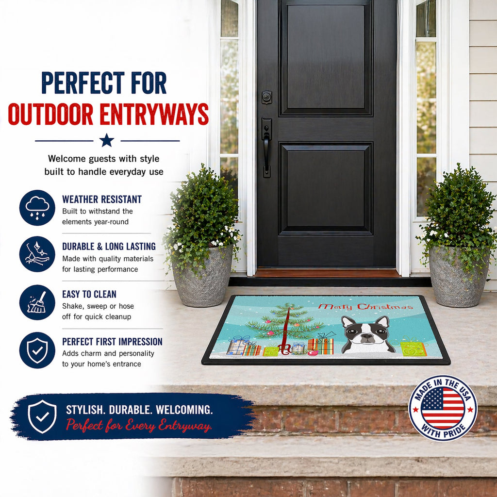 Christmas Tree and Boston Terrier Doormat Indoor Outdoor 18H X 27W Front Door Mat Rugs for Entryway, Non Slip Washable