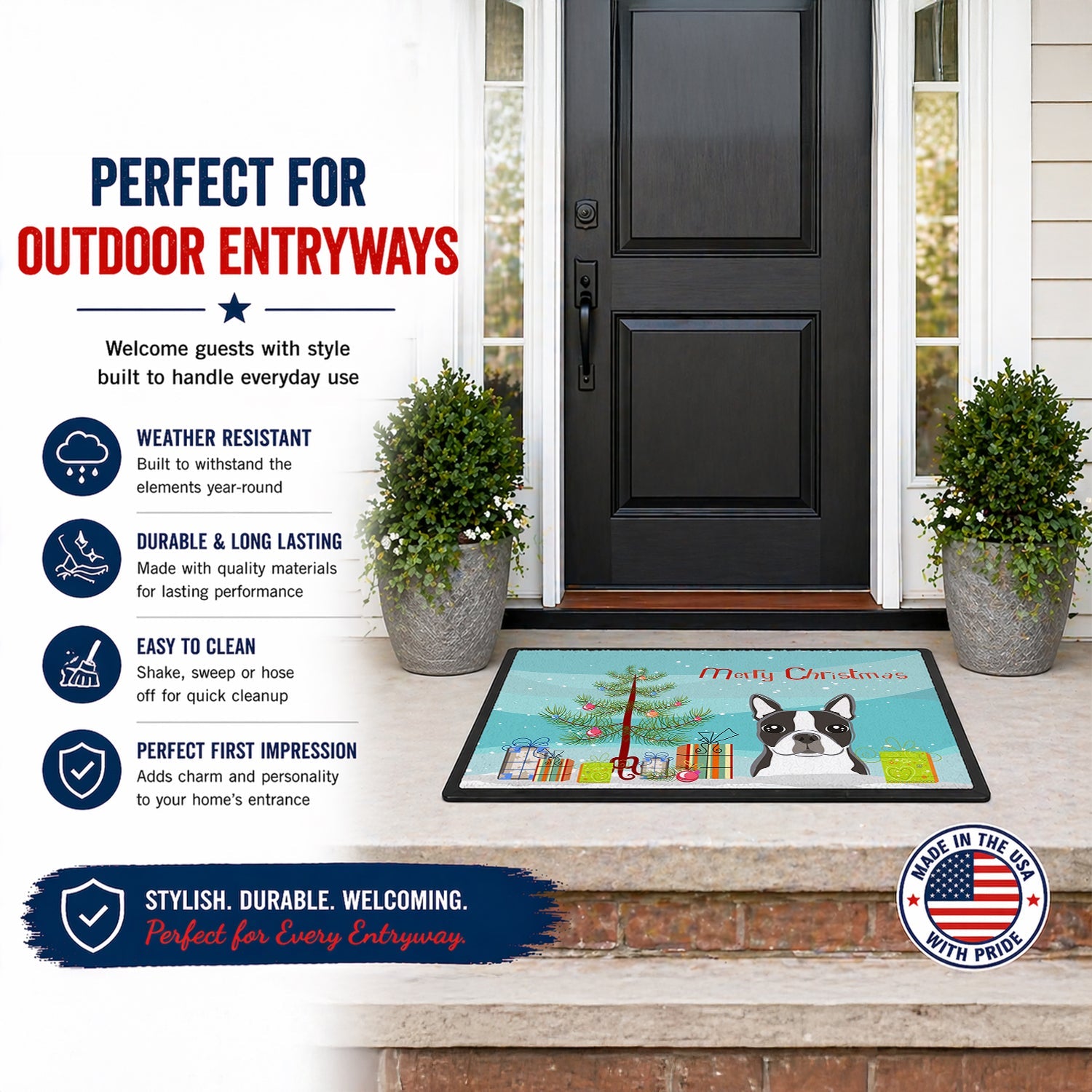 Christmas Tree and Boston Terrier Doormat Indoor Outdoor 18H X 27W Front Door Mat Rugs for Entryway, Non Slip Washable