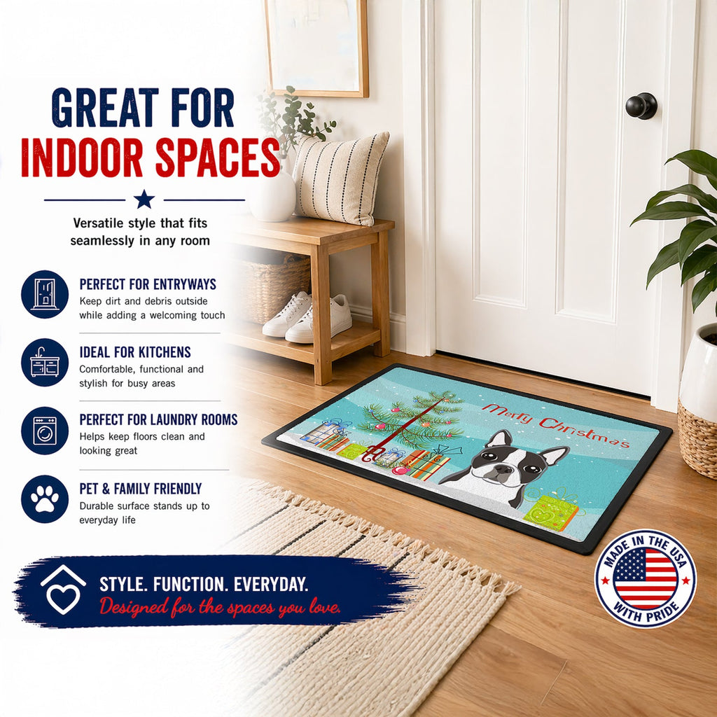 Christmas Tree and Boston Terrier Doormat Indoor Outdoor 18H X 27W Front Door Mat Rugs for Entryway, Non Slip Washable