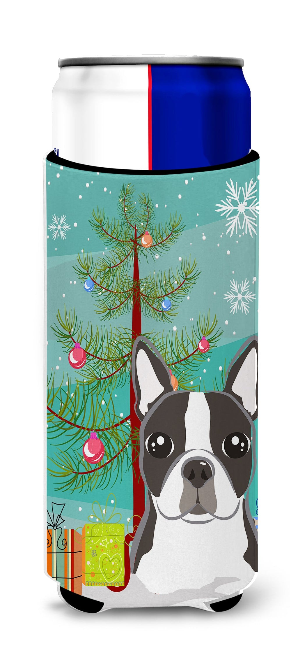 Christmas Tree and Boston Terrier Slim Can Hugger , Insulated Foam Hugger for 12 oz Slim Cans, Beer Bottles & Water Bottles, Printed in USA
