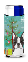 Christmas Tree and Boston Terrier Slim Can Hugger , Insulated Foam Hugger for 12 oz Slim Cans, Beer Bottles & Water Bottles, Printed in USA
