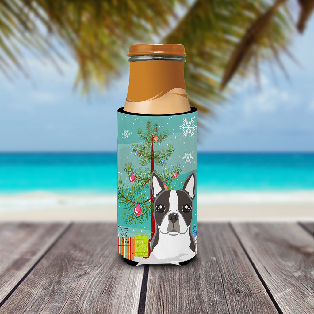 Christmas Tree and Boston Terrier Slim Can Hugger , Insulated Foam Hugger for 12 oz Slim Cans, Beer Bottles & Water Bottles, Printed in USA