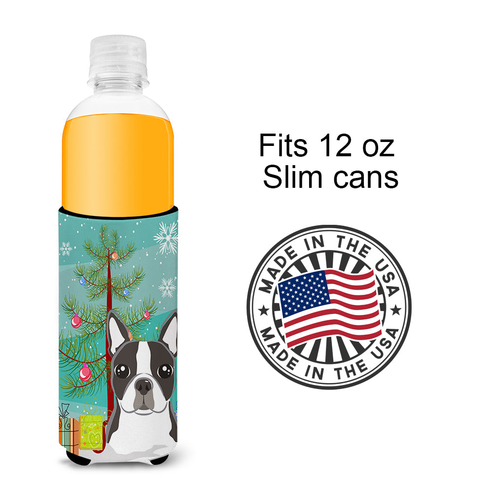 Christmas Tree and Boston Terrier Slim Can Hugger , Insulated Foam Hugger for 12 oz Slim Cans, Beer Bottles & Water Bottles, Printed in USA