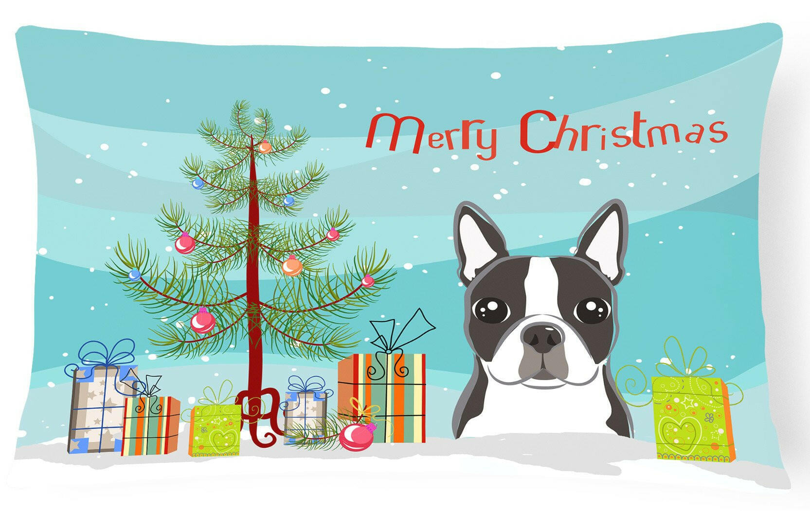 Christmas Tree and Boston Terrier Decorative Throw Pillow 12x16 Indoor Outdoor Accent Cushion, Fabric Cover with Insert for Sofa, Bed, Porch & Living Room