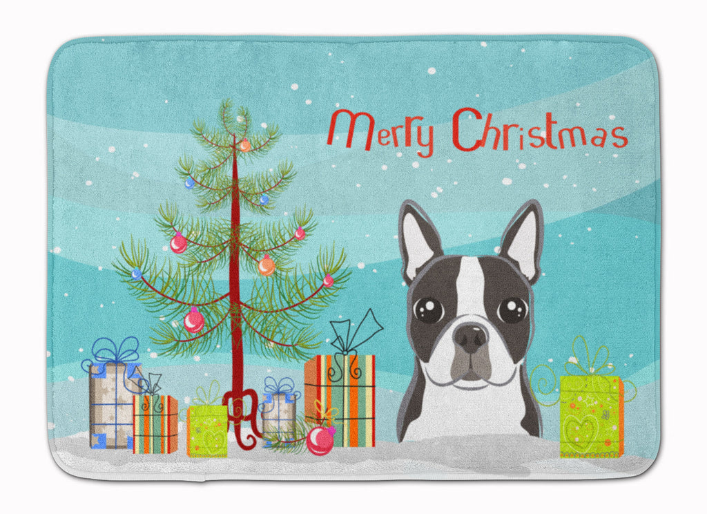 Christmas Tree and Boston Terrier Memory Foam Kitchen Mat Machine Washable Anti-Fatigue Cushion Comfort Bath or Kitchen Rug