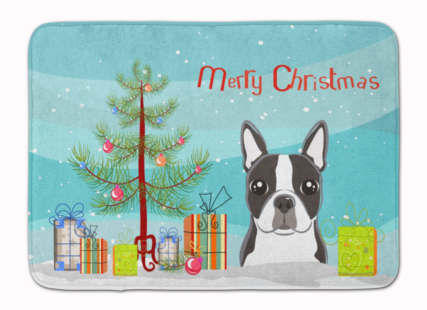 Christmas Tree and Boston Terrier Memory Foam Kitchen Mat Machine Washable Anti-Fatigue Cushion Comfort Bath or Kitchen Rug
