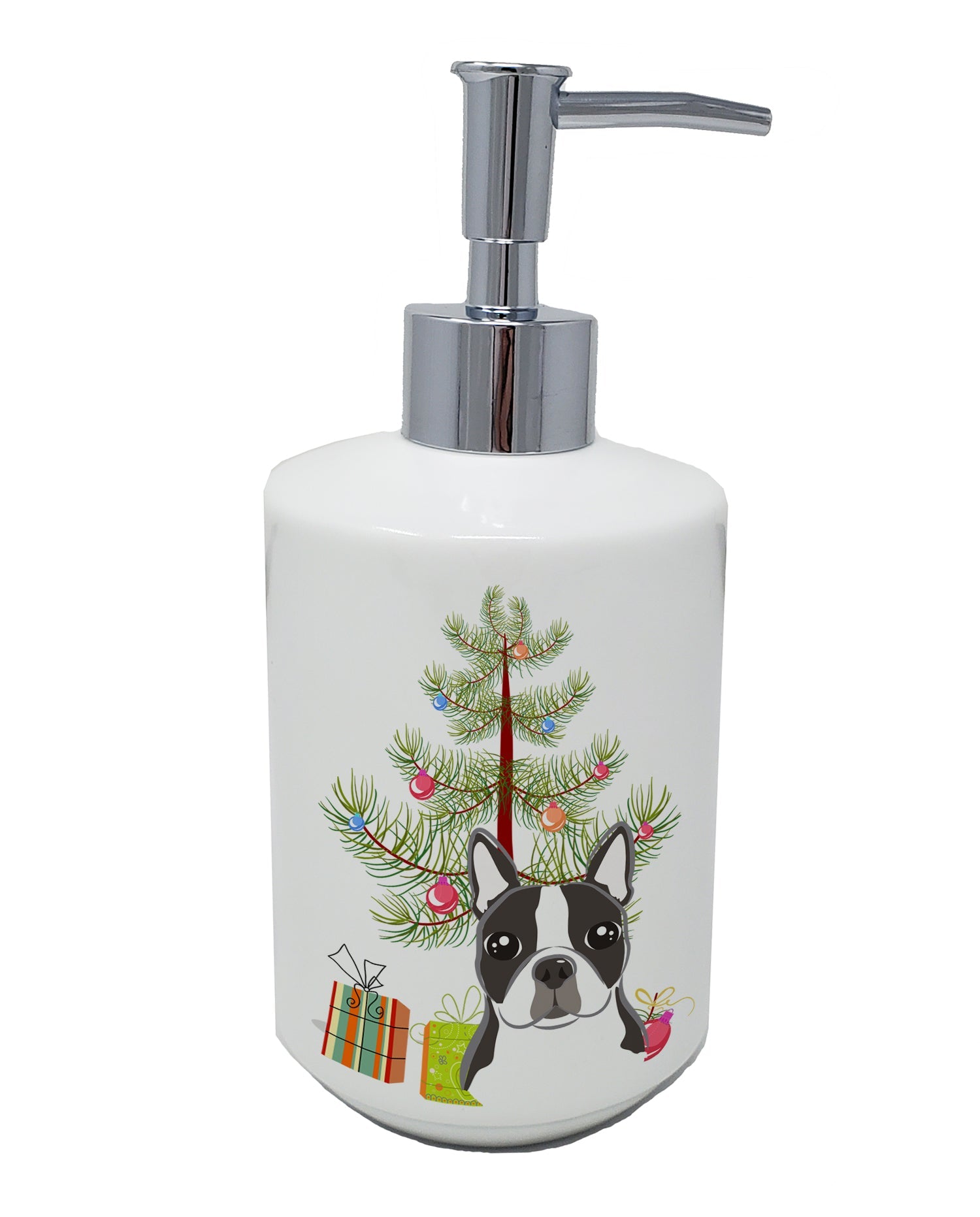 Christmas Tree and Boston Terrier Ceramic Soap Dispenser , Empty Refillable Hand Soap Pump Bottle for Bathroom Kitchen