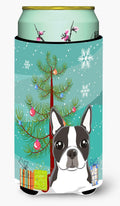 Christmas Tree and Boston Terrier Tall Boy Hugger Can Cooler Sleeve Machine Washable Drink Collapsible Insulator Beverage Insulated Holder