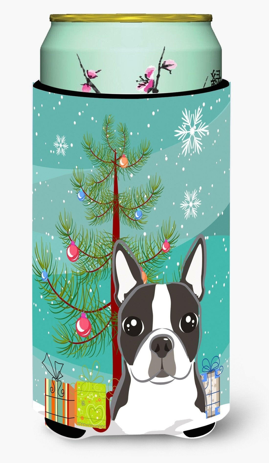 Christmas Tree and Boston Terrier Tall Boy Hugger Can Cooler Sleeve Machine Washable Drink Collapsible Insulator Beverage Insulated Holder