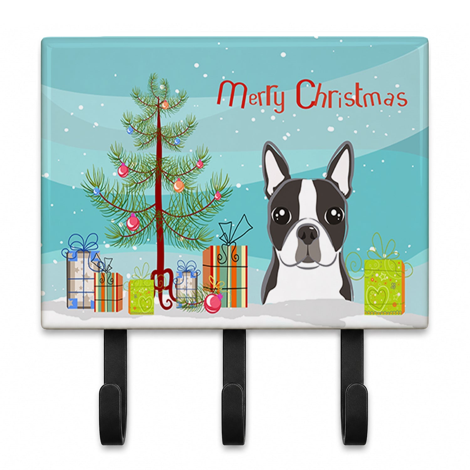 Christmas Tree and Boston Terrier Leash or Key Holder Wall Hooks, Coat Rack Wall Mount, for Hanging Keys, Towels, Aprons, Leashes