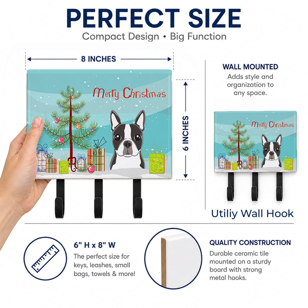 Christmas Tree and Boston Terrier Leash or Key Holder Wall Hooks, Coat Rack Wall Mount, for Hanging Keys, Towels, Aprons, Leashes