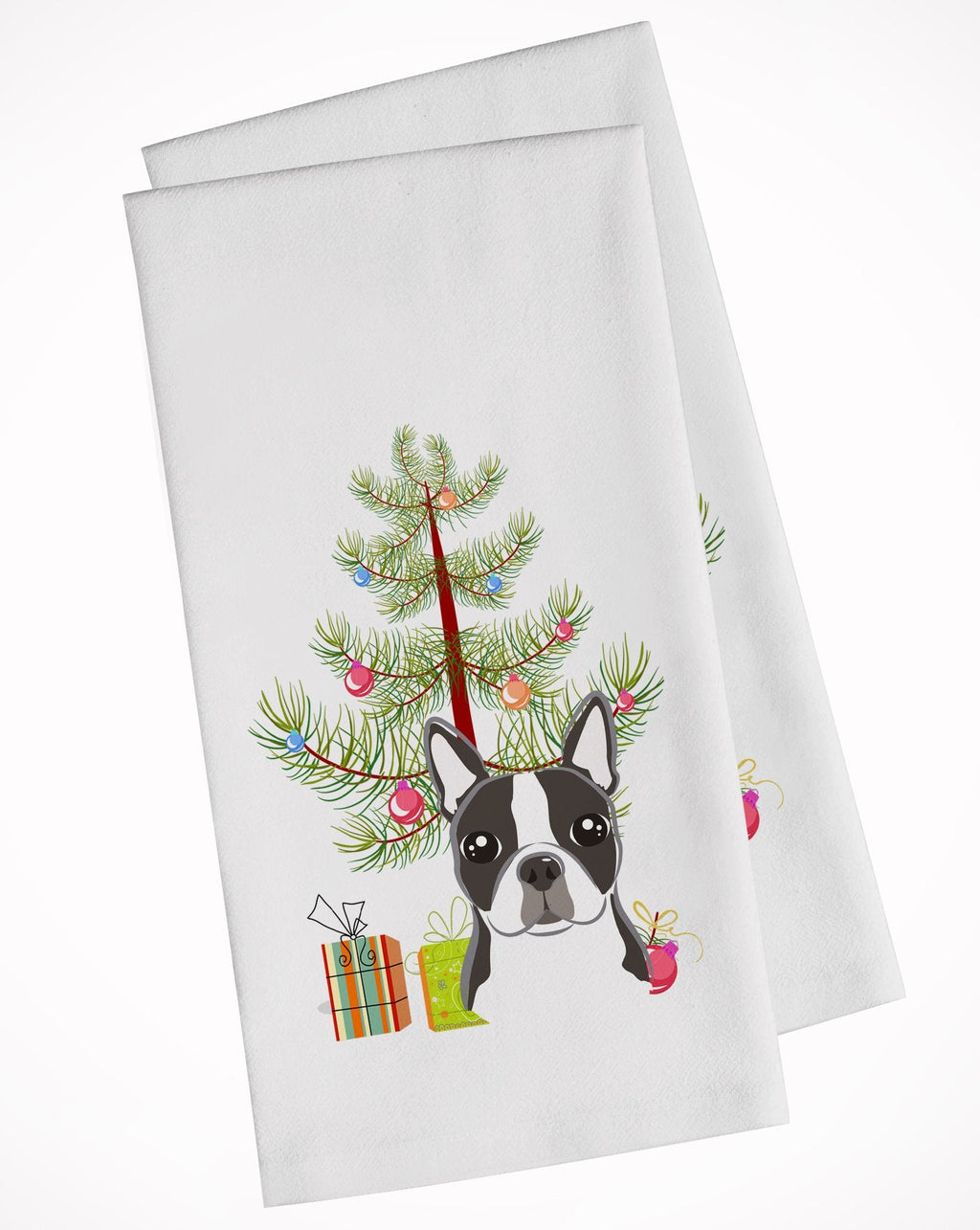 Christmas Tree and Boston Terrier Kitchen Towel Set of 2 White Dish Towels Decorative Bathroom Hand towel for Hand, Face, Hair, Yoga, Tea, Dishcloth, 19 X 28", White