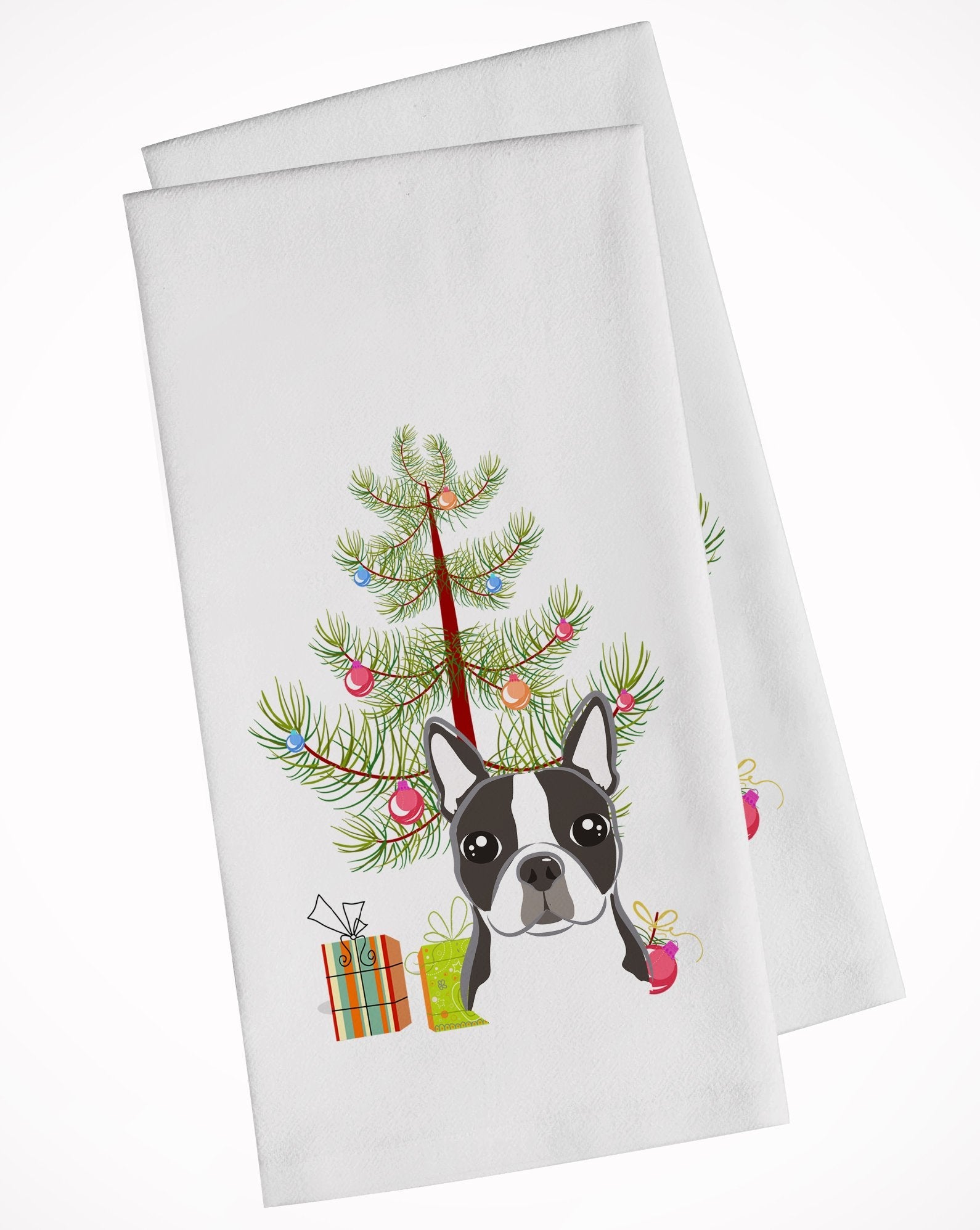 Christmas Tree and Boston Terrier Kitchen Towel Set of 2 White Dish Towels Decorative Bathroom Hand towel for Hand, Face, Hair, Yoga, Tea, Dishcloth, 19 X 28", White