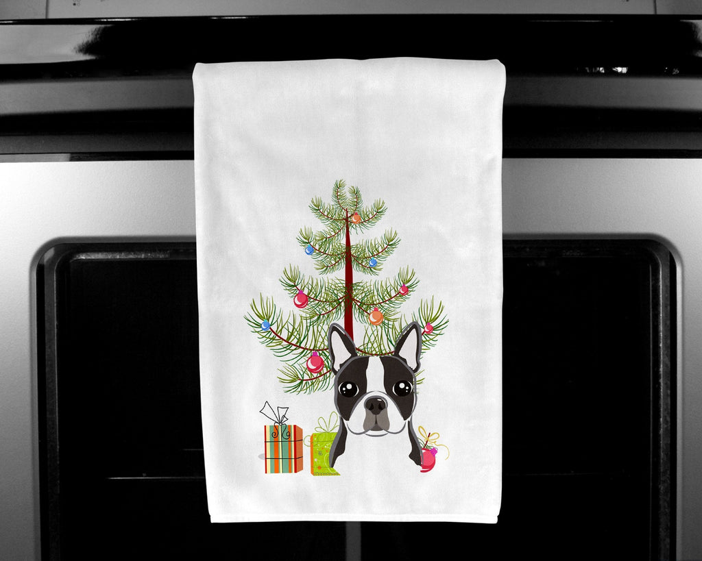 Christmas Tree and Boston Terrier Kitchen Towel Set of 2 White Dish Towels Decorative Bathroom Hand towel for Hand, Face, Hair, Yoga, Tea, Dishcloth, 19 X 28", White