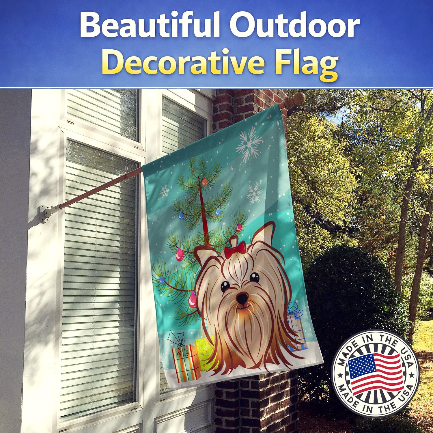 Christmas Tree and Yorkie Yorkishire Terrier House Flag 28x40 Porch Sleeve Pole Decorative Outside Yard Banner Artwork Wall Hanging, Polyester