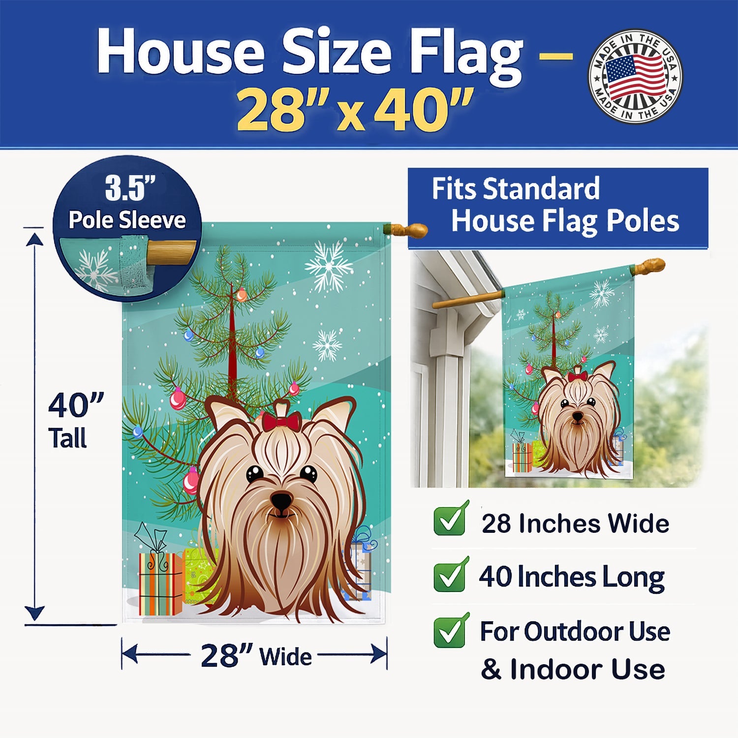 Christmas Tree and Yorkie Yorkishire Terrier House Flag 28x40 Porch Sleeve Pole Decorative Outside Yard Banner Artwork Wall Hanging, Polyester
