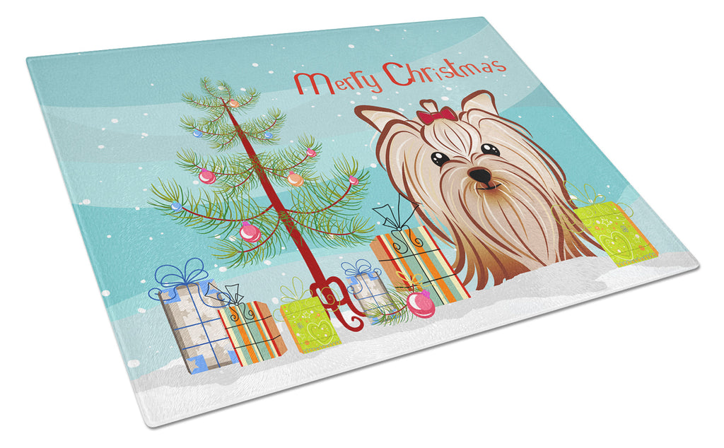 Christmas Tree and Yorkie Yorkishire Terrier Cutting Board Tempered Glass Kitchen Cutting Surface, Heat Resistant Chopping, Non-Slip Feet, Food Prep & Serving