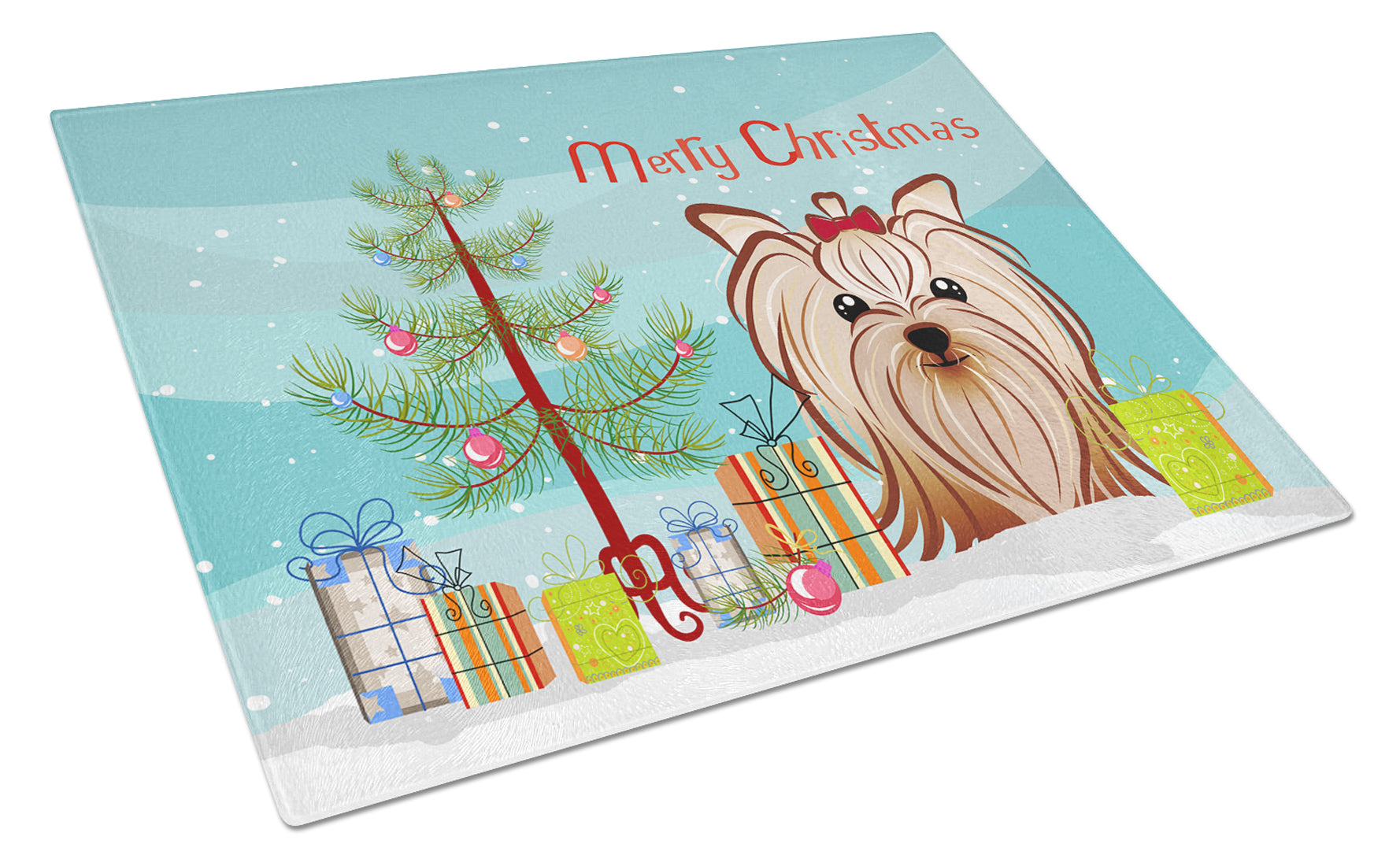 Christmas Tree and Yorkie Yorkishire Terrier Cutting Board Tempered Glass Kitchen Cutting Surface, Heat Resistant Chopping, Non-Slip Feet, Food Prep & Serving