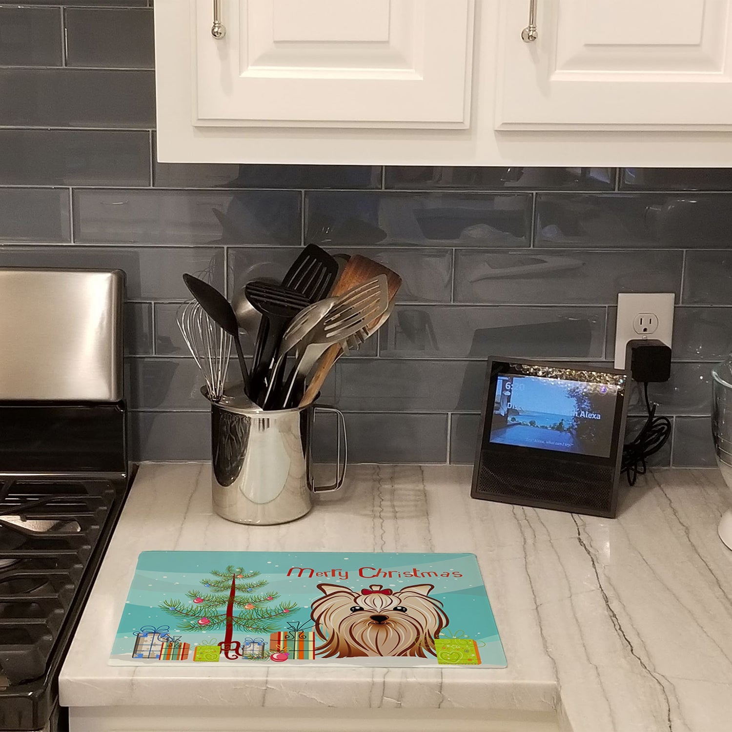 Christmas Tree and Yorkie Yorkishire Terrier Cutting Board Tempered Glass Kitchen Cutting Surface, Heat Resistant Chopping, Non-Slip Feet, Food Prep & Serving