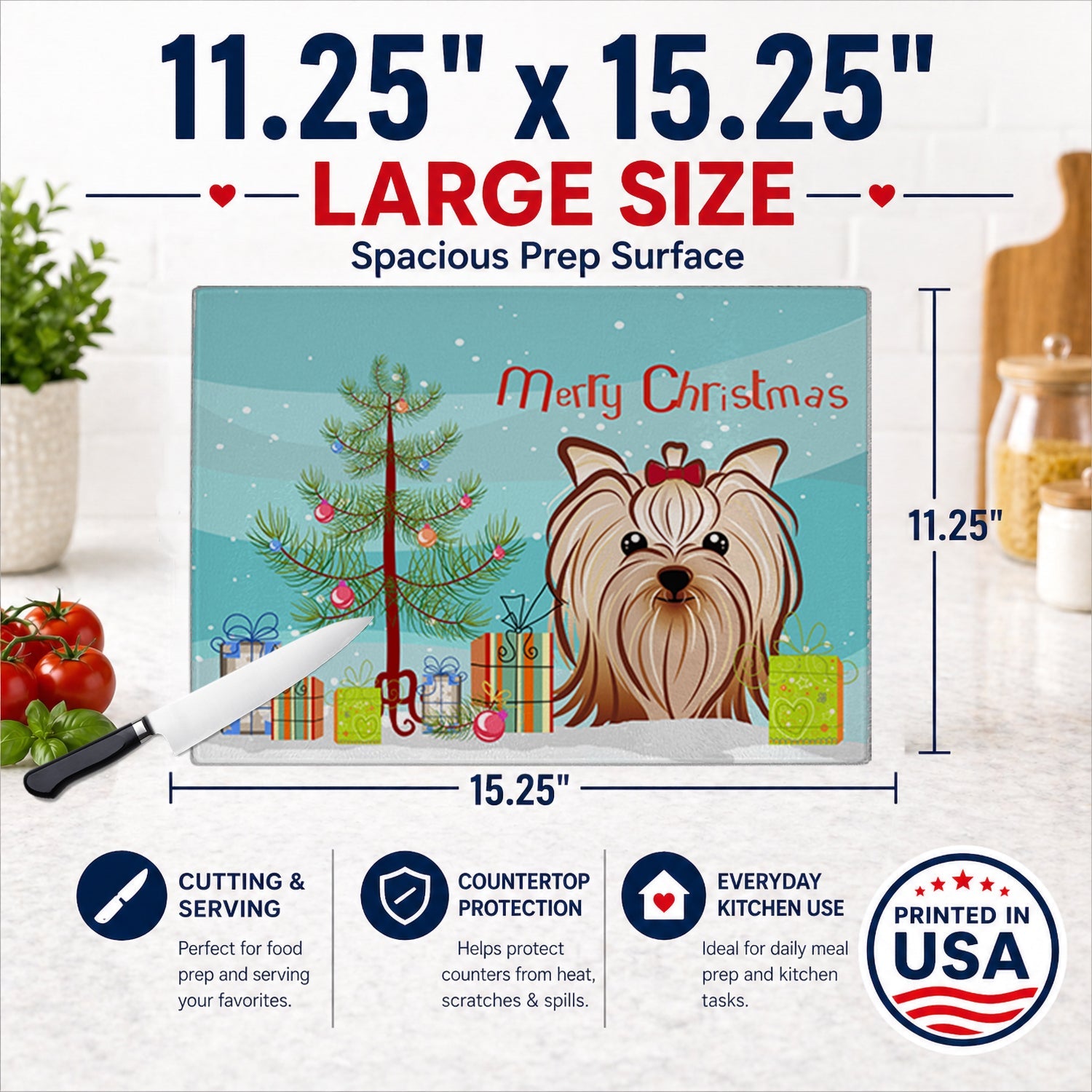 Christmas Tree and Yorkie Yorkishire Terrier Cutting Board Tempered Glass Kitchen Cutting Surface, Heat Resistant Chopping, Non-Slip Feet, Food Prep & Serving