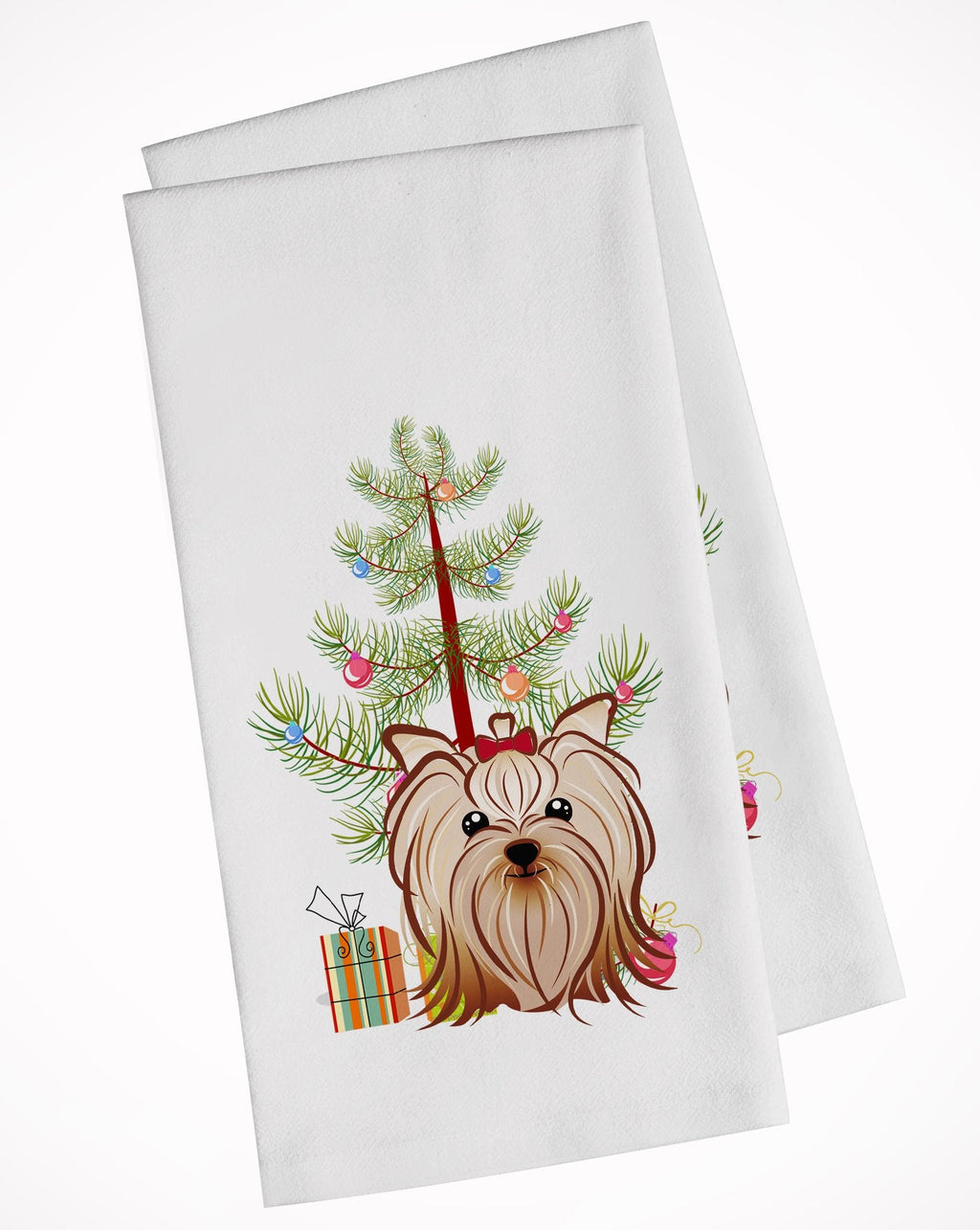 Christmas Tree and Yorkie Yorkishire Terrier Kitchen Towel Set of 2 White Dish Towels Decorative Bathroom Hand towel for Hand, Face, Hair, Yoga, Tea, Dishcloth, 19 X 28", White