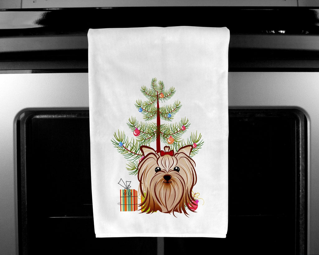 Christmas Tree and Yorkie Yorkishire Terrier Kitchen Towel Set of 2 White Dish Towels Decorative Bathroom Hand towel for Hand, Face, Hair, Yoga, Tea, Dishcloth, 19 X 28", White