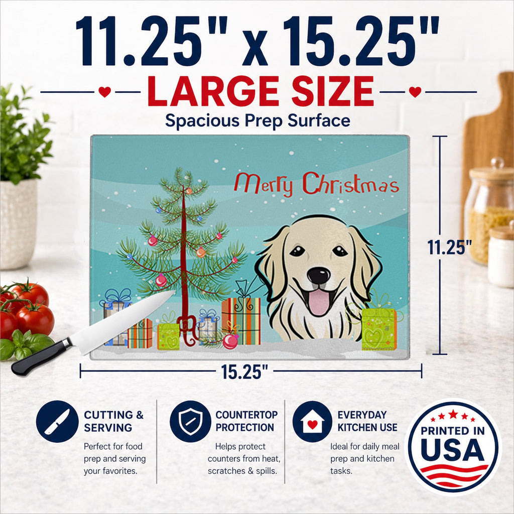 Christmas Tree and Golden Retriever Cutting Board Tempered Glass Kitchen Cutting Surface, Heat Resistant Chopping, Non-Slip Feet, Food Prep & Serving