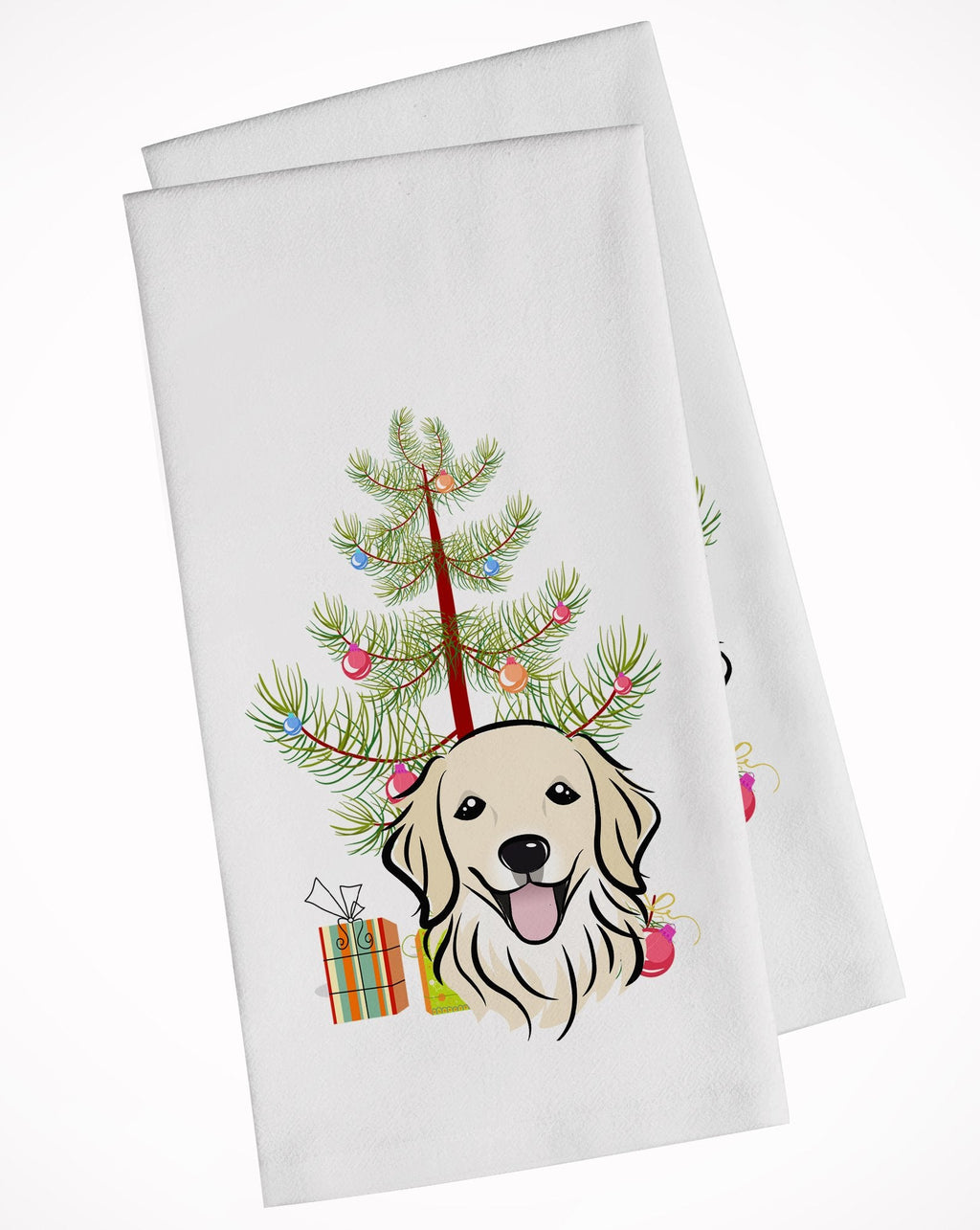 Christmas Tree and Golden Retriever Kitchen Towel Set of 2 White Dish Towels Decorative Bathroom Hand towel for Hand, Face, Hair, Yoga, Tea, Dishcloth, 19 X 28", White