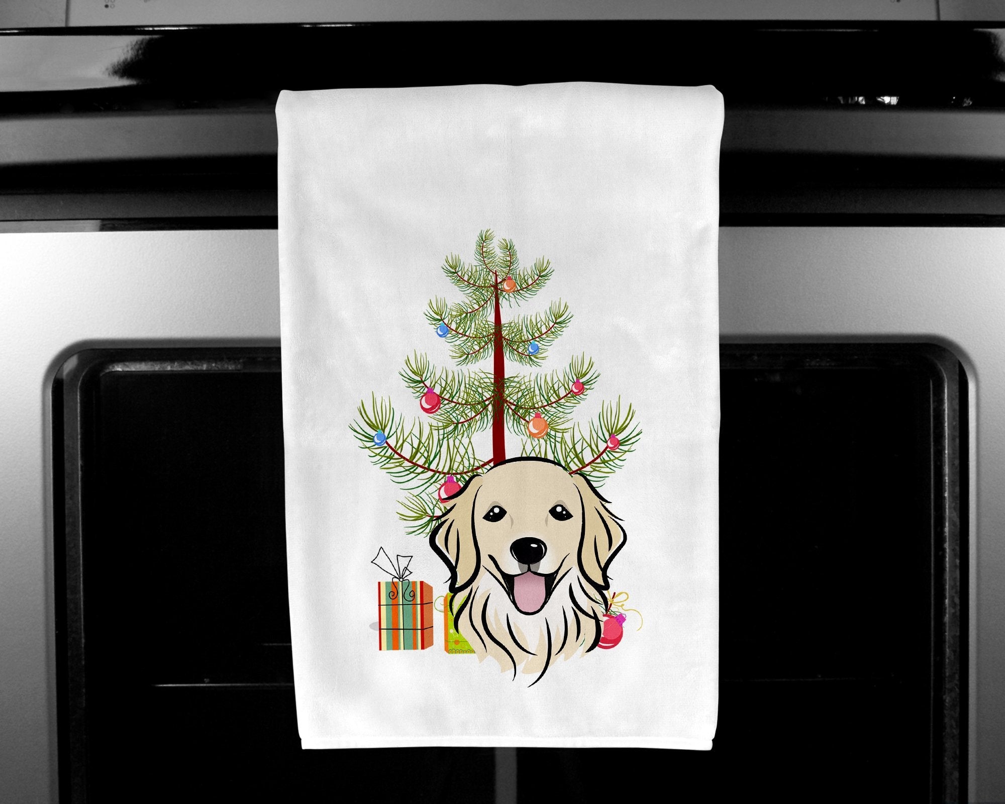 Christmas Tree and Golden Retriever Kitchen Towel Set of 2 White Dish Towels Decorative Bathroom Hand towel for Hand, Face, Hair, Yoga, Tea, Dishcloth, 19 X 28", White