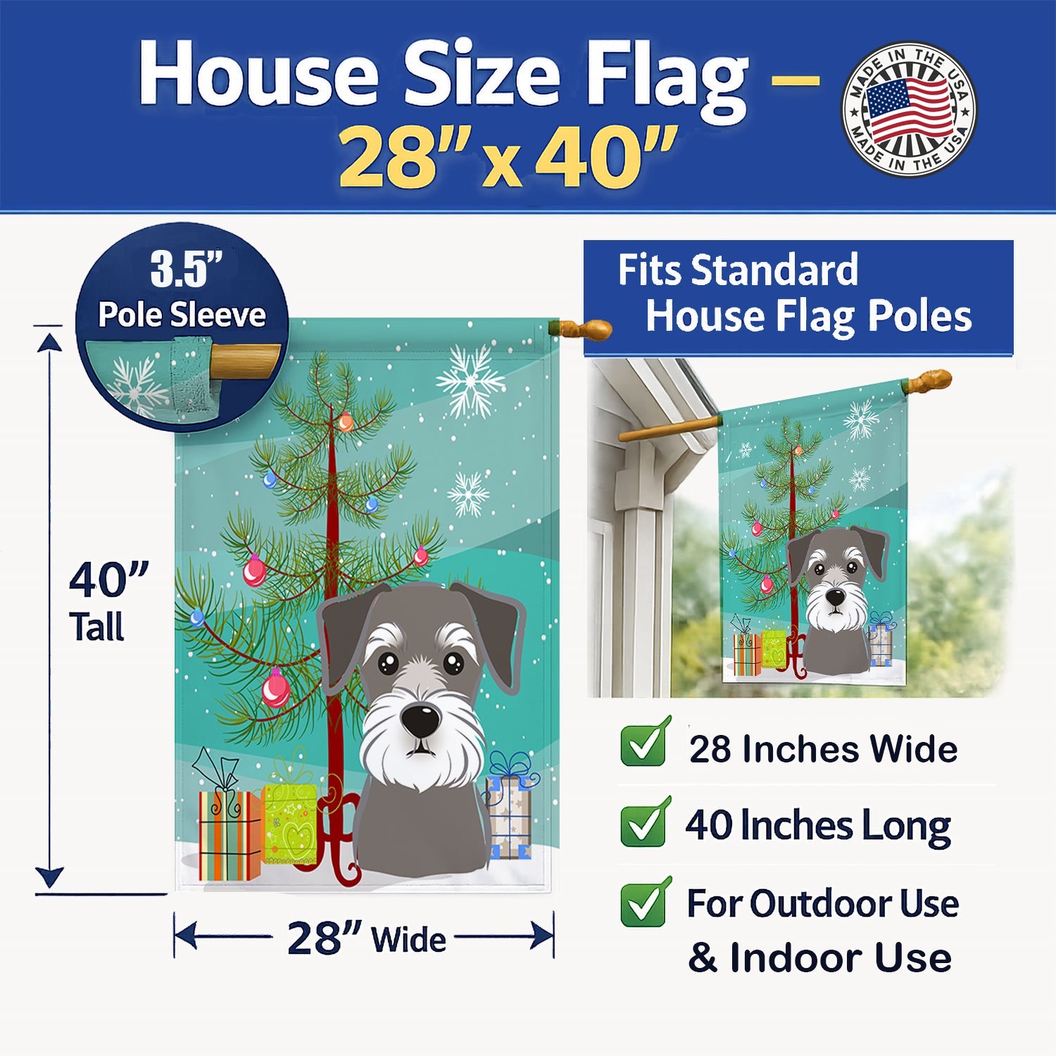 Christmas Tree and Schnauzer House Flag 28x40 Porch Sleeve Pole Decorative Outside Yard Banner Artwork Wall Hanging, Polyester