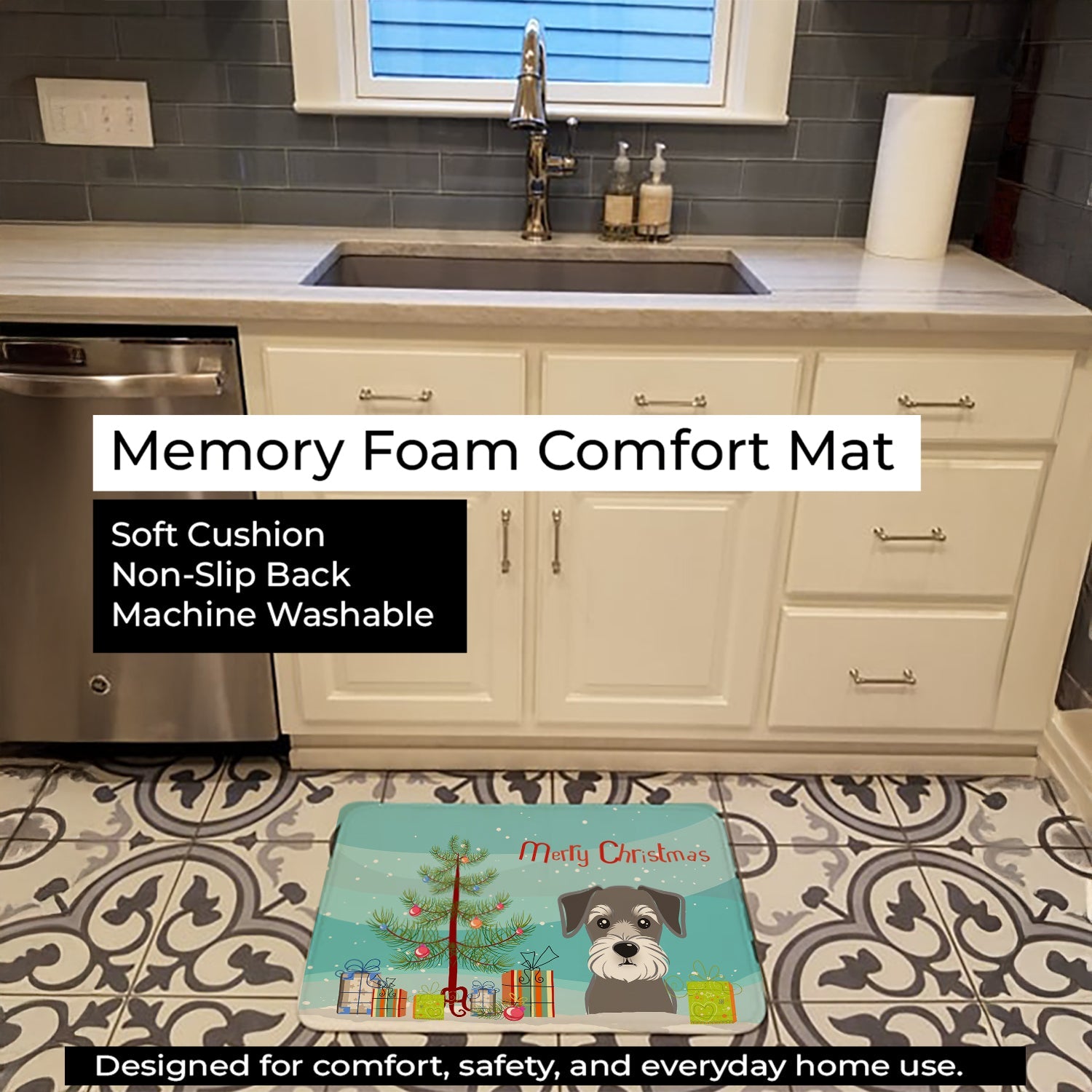 Christmas Tree and Schnauzer Memory Foam Kitchen Mat Machine Washable Anti-Fatigue Cushion Comfort Bath or Kitchen Rug