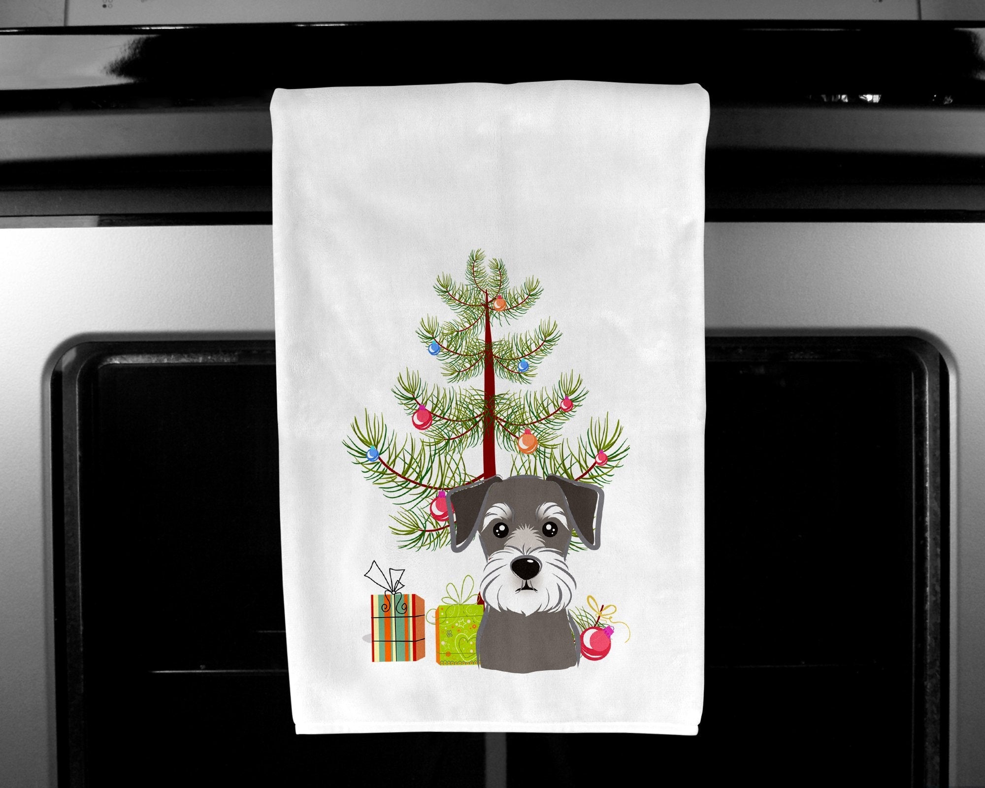 Christmas Tree and Schnauzer Kitchen Towel Set of 2 White Dish Towels Decorative Bathroom Hand towel for Hand, Face, Hair, Yoga, Tea, Dishcloth, 19 X 28", White