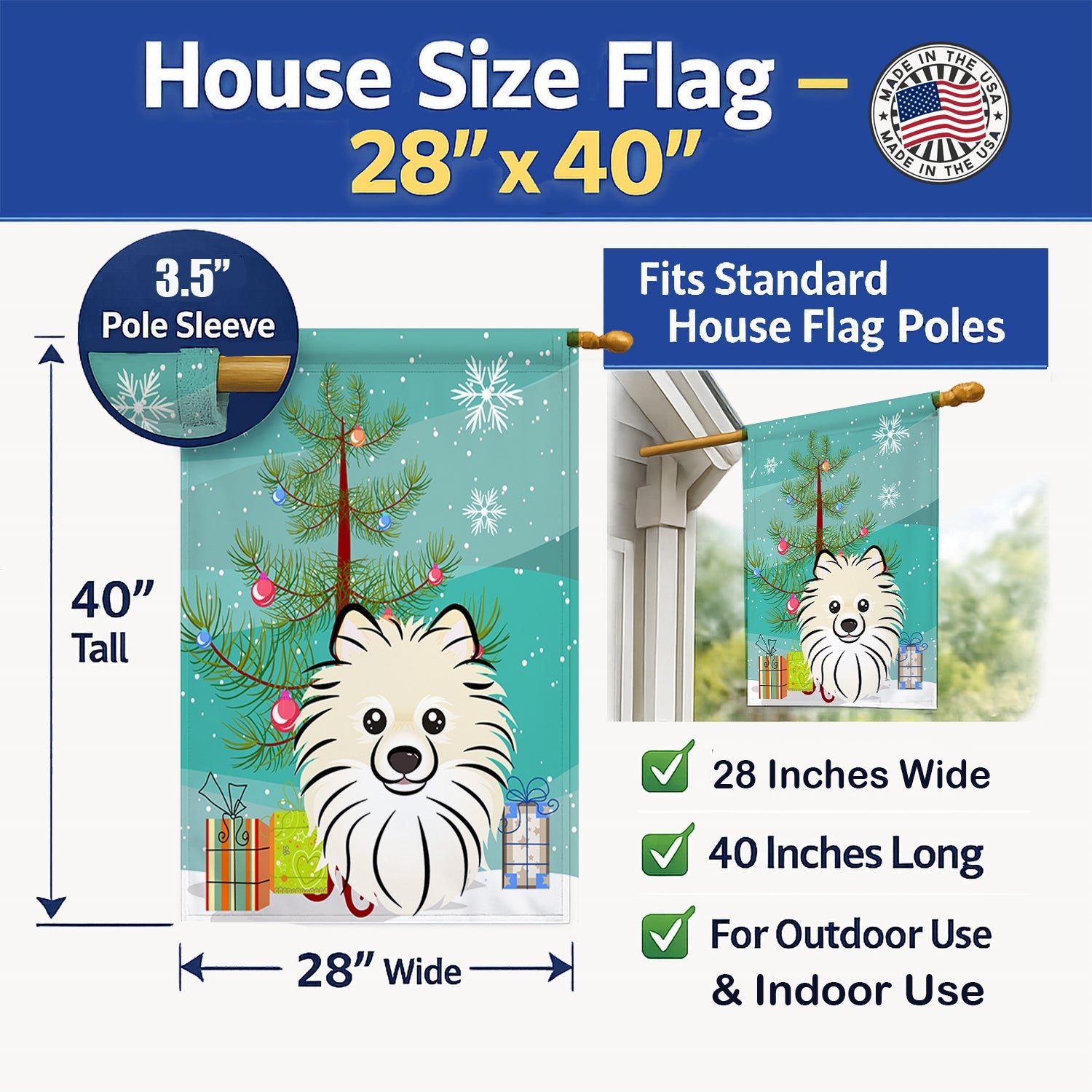 Christmas Tree and Pomeranian House Flag 28x40 Porch Sleeve Pole Decorative Outside Yard Banner Artwork Wall Hanging, Polyester