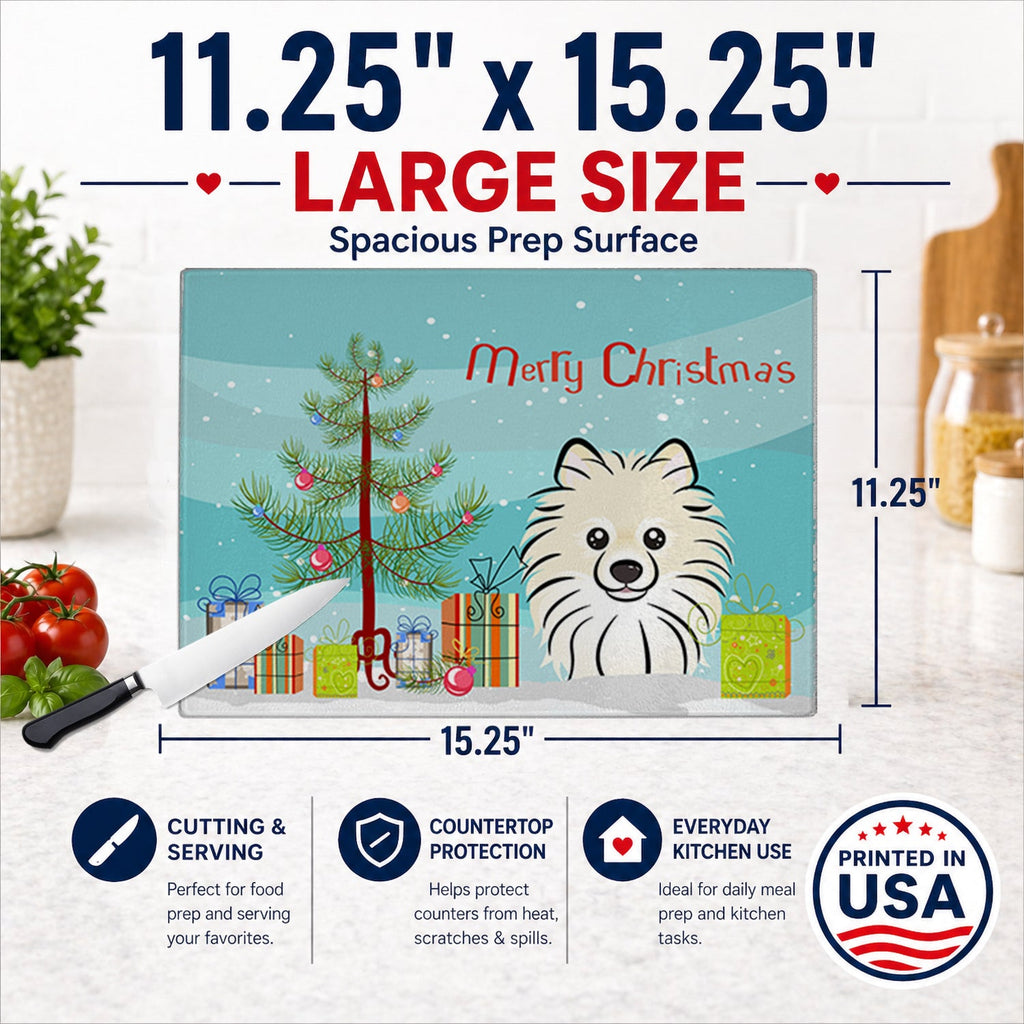 Christmas Tree and Pomeranian Cutting Board Tempered Glass Kitchen Cutting Surface, Heat Resistant Chopping, Non-Slip Feet, Food Prep & Serving