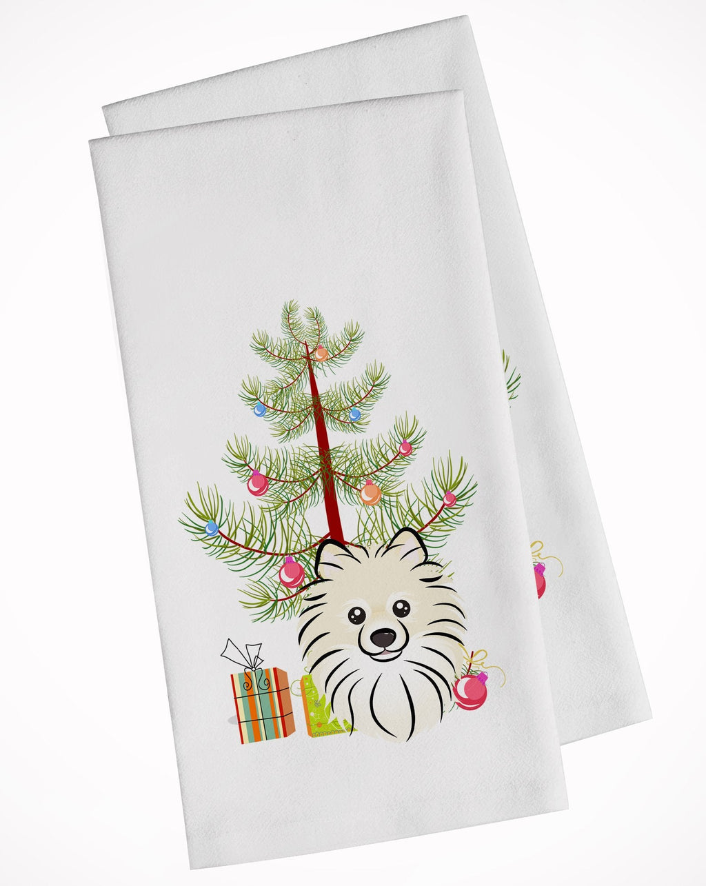 Christmas Tree and Pomeranian Kitchen Towel Set of 2 White Dish Towels Decorative Bathroom Hand towel for Hand, Face, Hair, Yoga, Tea, Dishcloth, 19 X 28", White