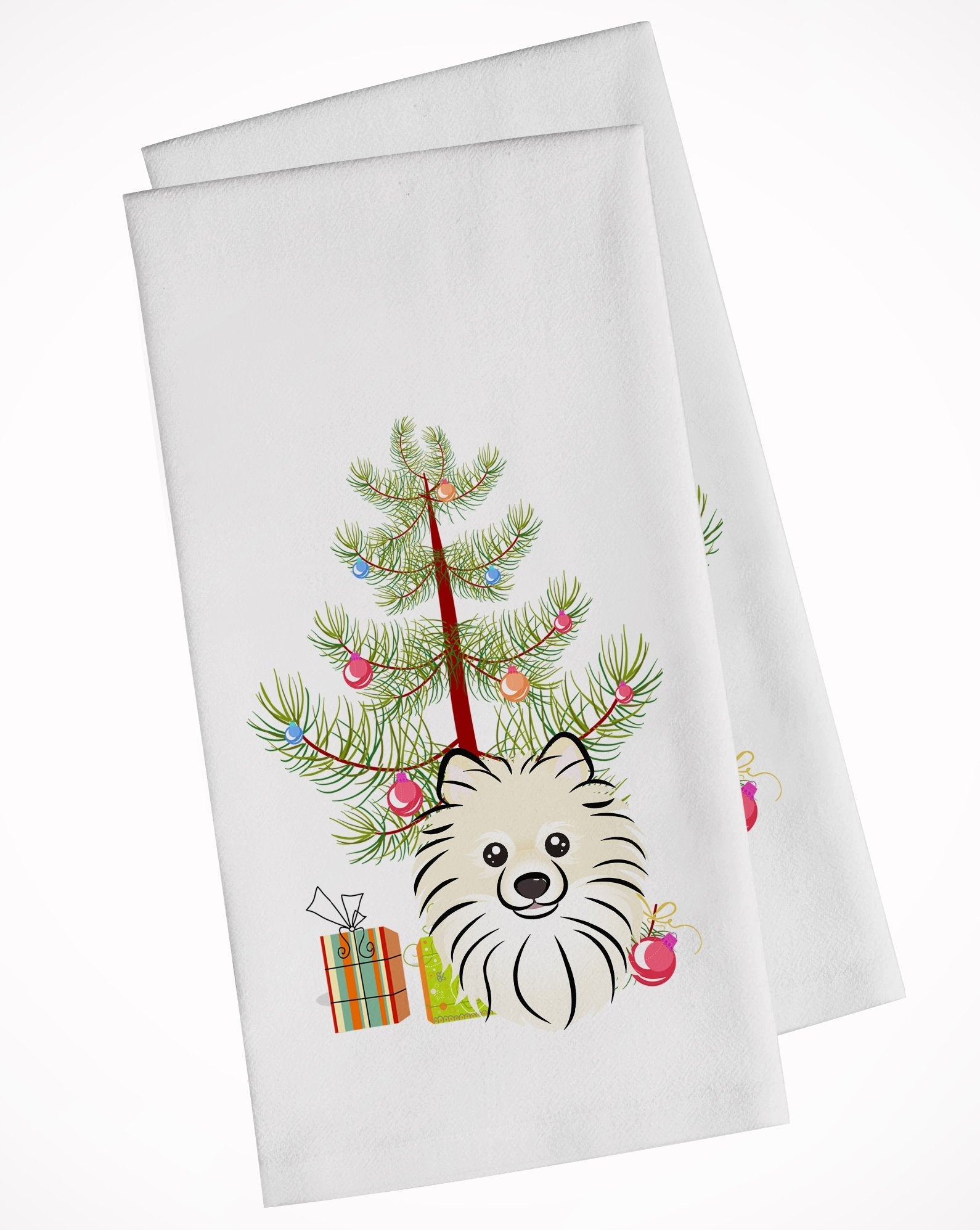 Christmas Tree and Pomeranian Kitchen Towel Set of 2 White Dish Towels Decorative Bathroom Hand towel for Hand, Face, Hair, Yoga, Tea, Dishcloth, 19 X 28", White