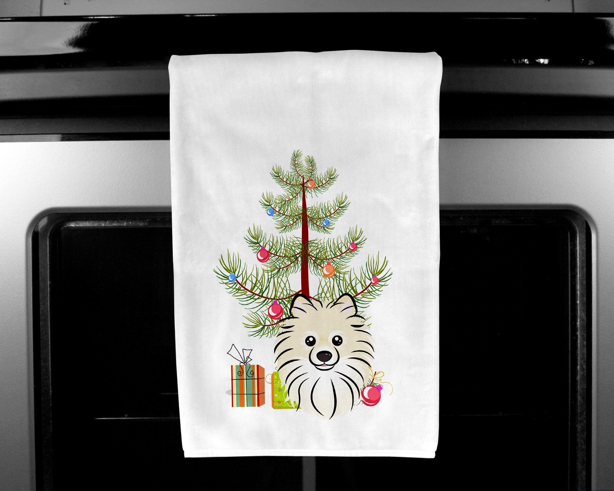 Christmas Tree and Pomeranian Kitchen Towel Set of 2 White Dish Towels Decorative Bathroom Hand towel for Hand, Face, Hair, Yoga, Tea, Dishcloth, 19 X 28", White