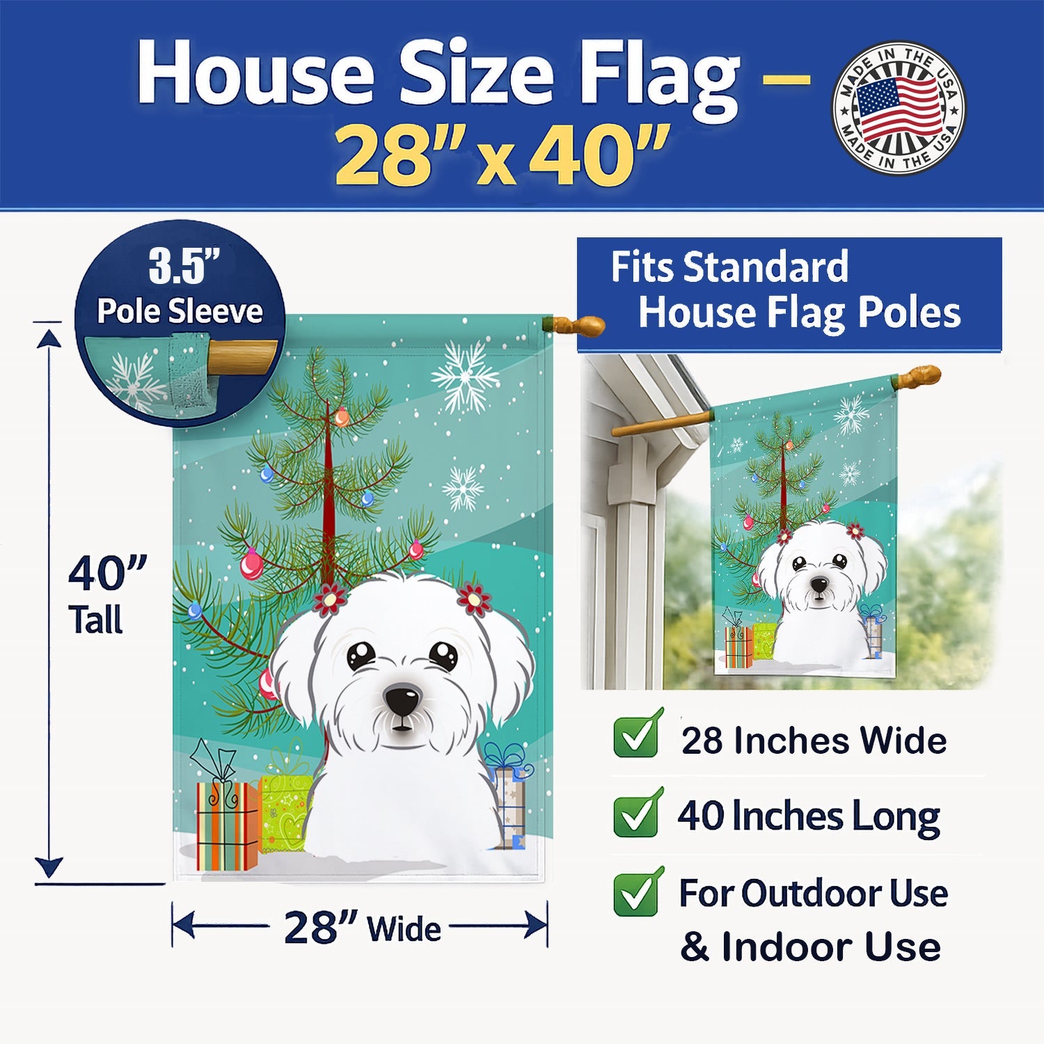 Christmas Tree and Maltese House Flag 28x40 Porch Sleeve Pole Decorative Outside Yard Banner Artwork Wall Hanging, Polyester