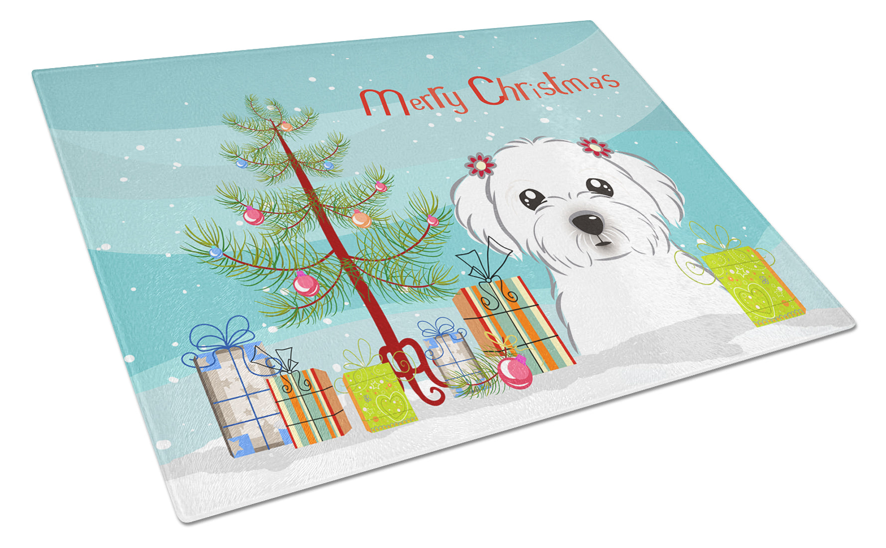 Christmas Tree and Maltese Cutting Board Tempered Glass Kitchen Cutting Surface, Heat Resistant Chopping, Non-Slip Feet, Food Prep & Serving