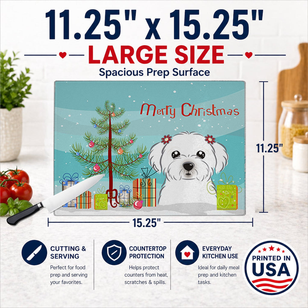 Christmas Tree and Maltese Cutting Board Tempered Glass Kitchen Cutting Surface, Heat Resistant Chopping, Non-Slip Feet, Food Prep & Serving