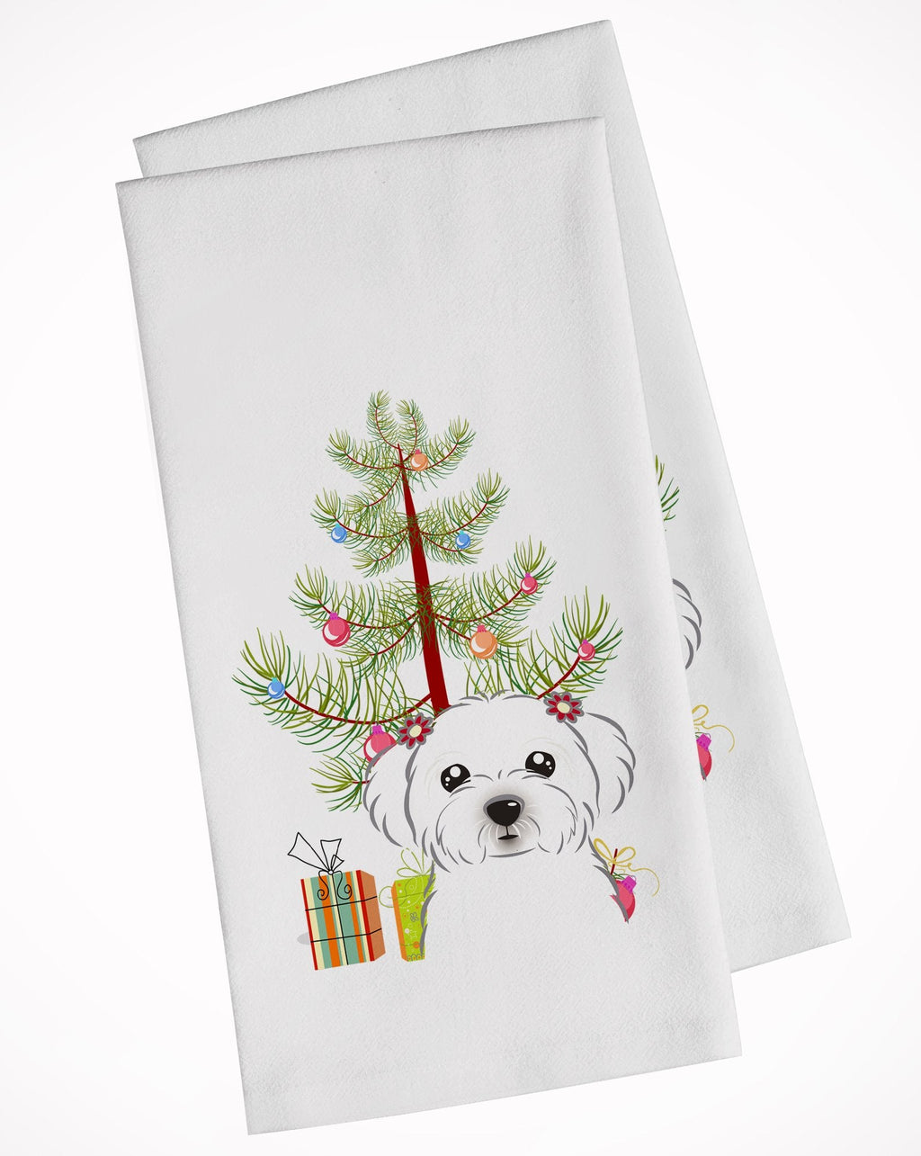 Christmas Tree and Maltese Kitchen Towel Set of 2 White Dish Towels Decorative Bathroom Hand towel for Hand, Face, Hair, Yoga, Tea, Dishcloth, 19 X 28", White