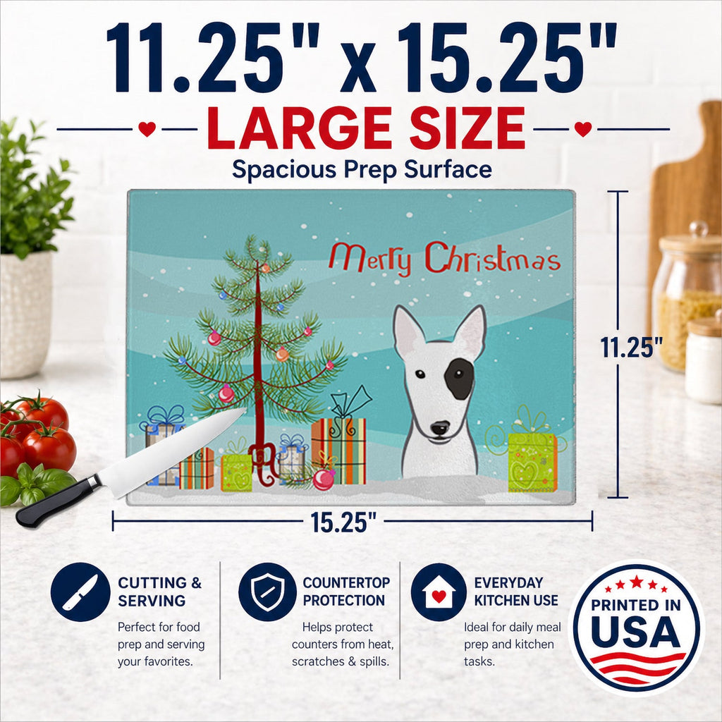 Christmas Tree and Bull Terrier Cutting Board Tempered Glass Kitchen Cutting Surface, Heat Resistant Chopping, Non-Slip Feet, Food Prep & Serving