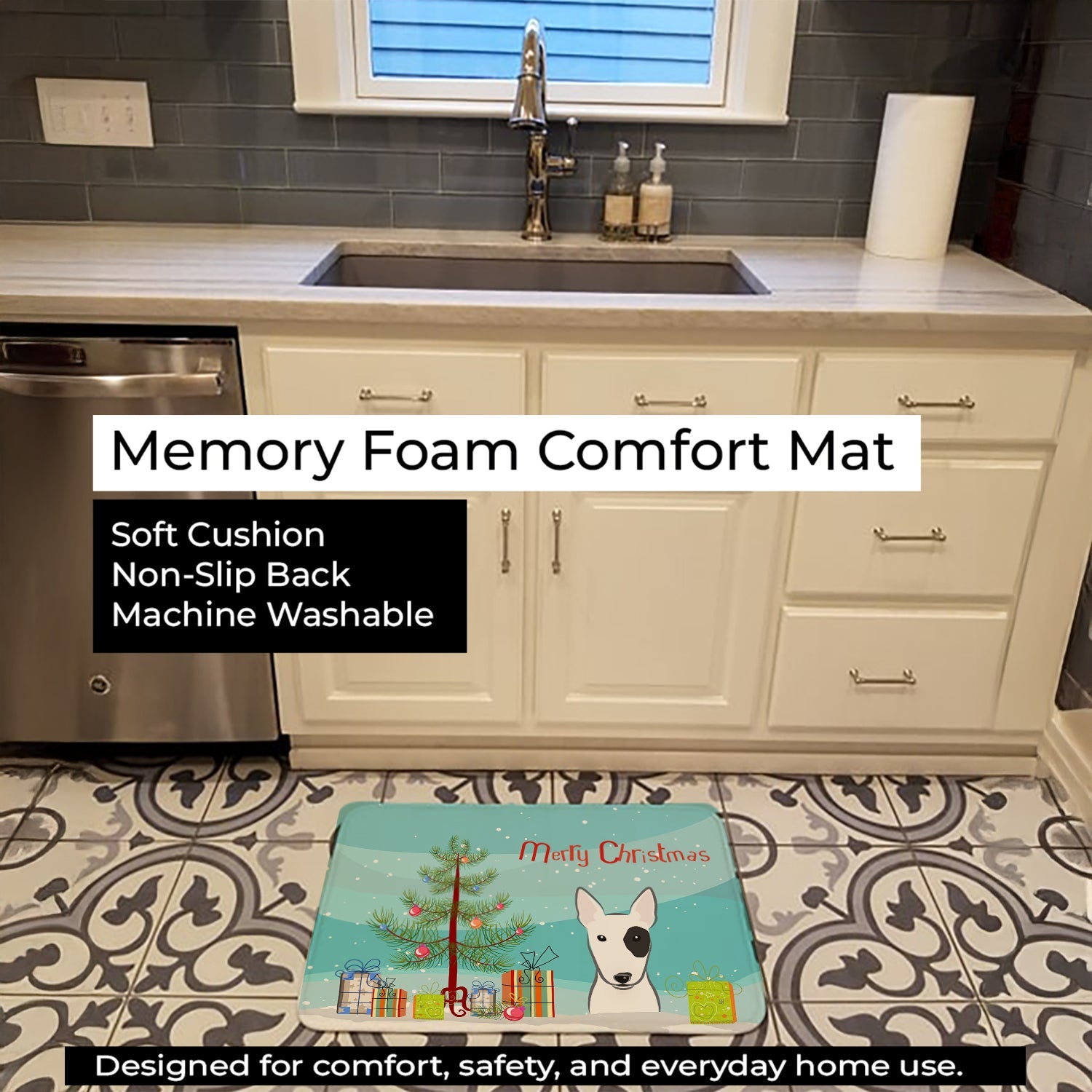 Christmas Tree and Bull Terrier Memory Foam Kitchen Mat Machine Washable Anti-Fatigue Cushion Comfort Bath or Kitchen Rug