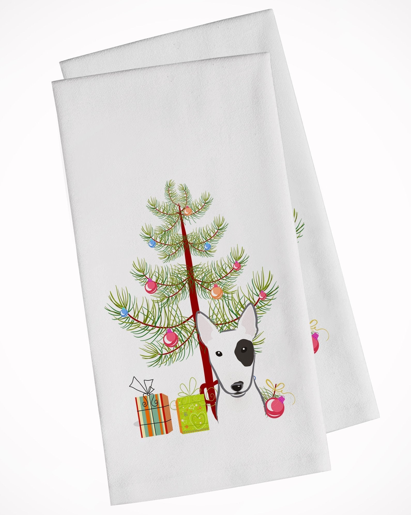 Christmas Tree and Bull Terrier Kitchen Towel Set of 2 White Dish Towels Decorative Bathroom Hand towel for Hand, Face, Hair, Yoga, Tea, Dishcloth, 19 X 28", White
