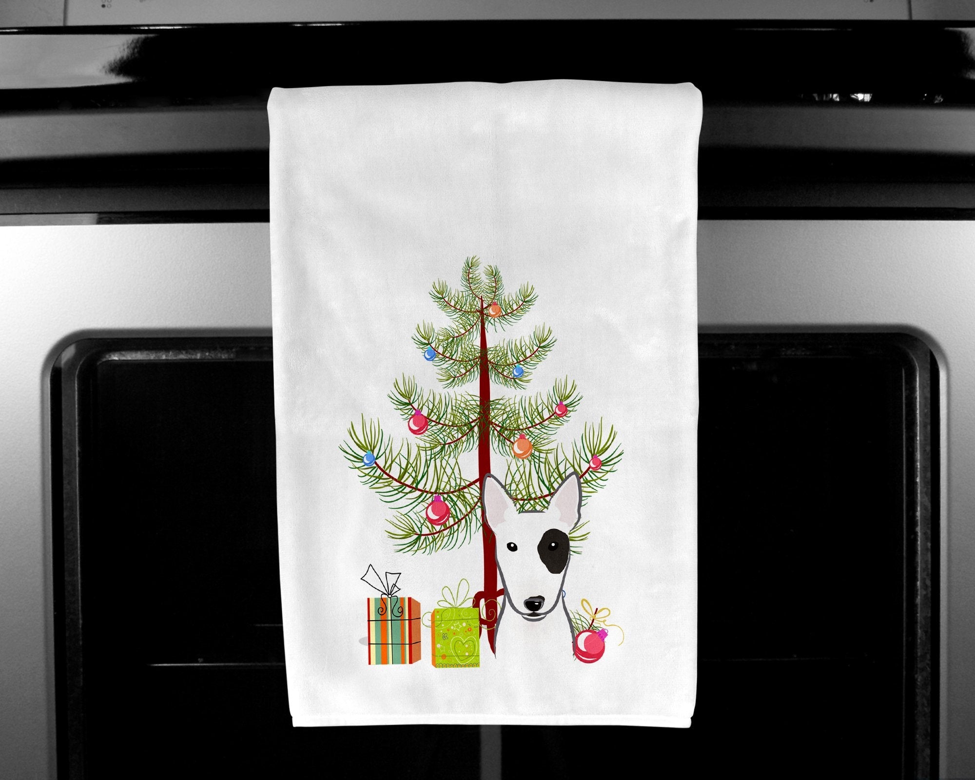 Christmas Tree and Bull Terrier Kitchen Towel Set of 2 White Dish Towels Decorative Bathroom Hand towel for Hand, Face, Hair, Yoga, Tea, Dishcloth, 19 X 28", White
