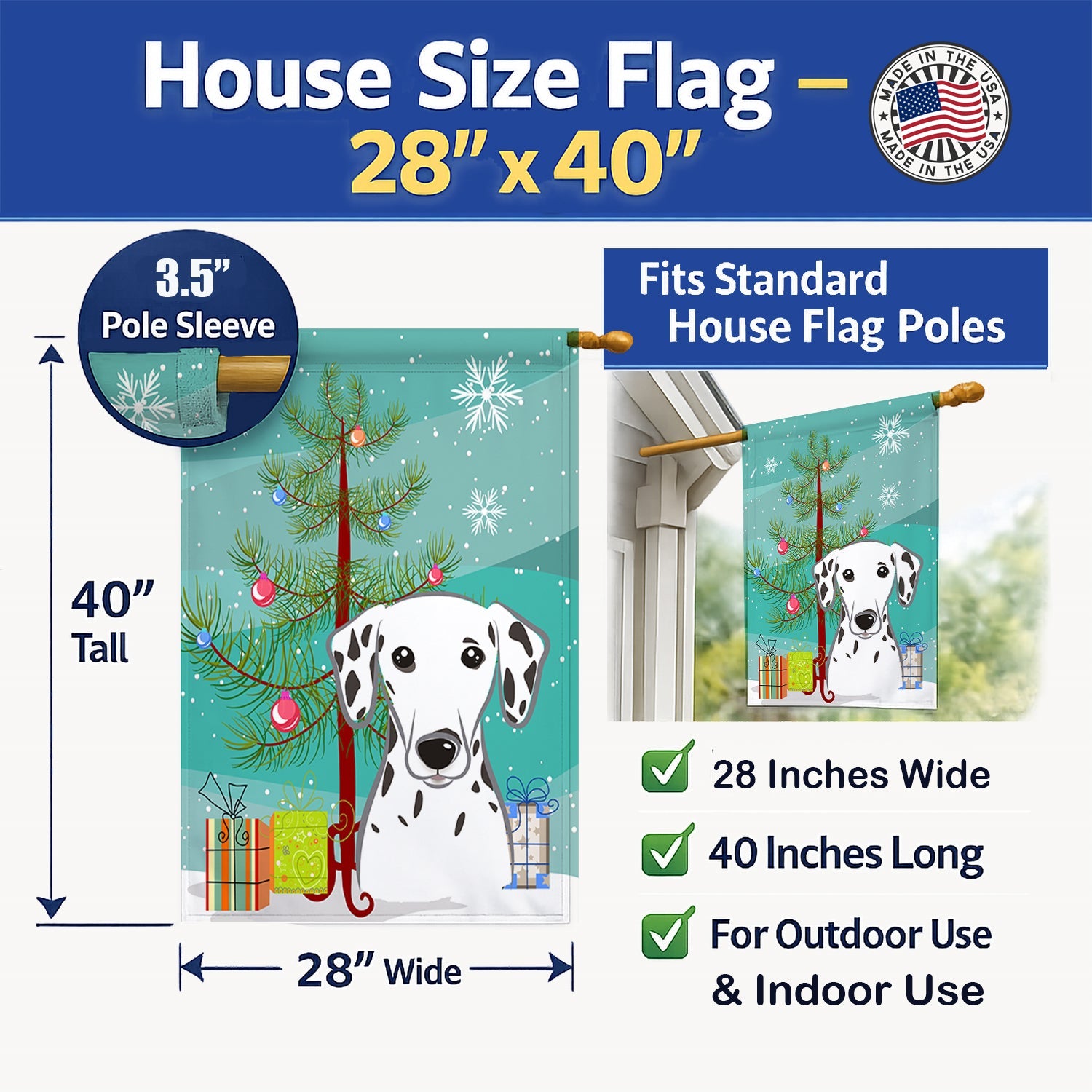 Christmas Tree and Dalmatian House Flag 28x40 Porch Sleeve Pole Decorative Outside Yard Banner Artwork Wall Hanging, Polyester